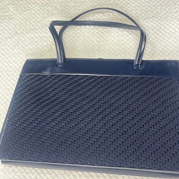 Vintage Mark Cross Handbag w/mirror and coin purse Blue Leather Woven Top Handle - Picture 2 of 7